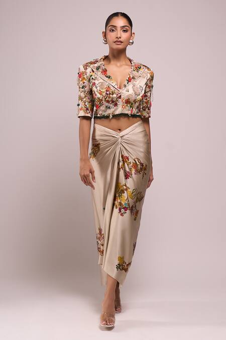 Buy_Anamika Khanna_Ivory Embroidery V-neck Draped Skirt And Jacket Set _Online_at_Aza_Fashions
