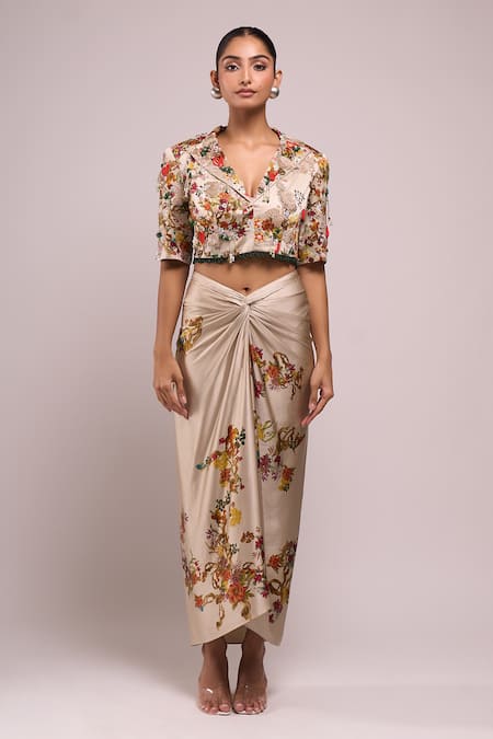 Shop_Anamika Khanna_Ivory Embroidery V-neck Draped Skirt And Jacket Set _Online_at_Aza_Fashions