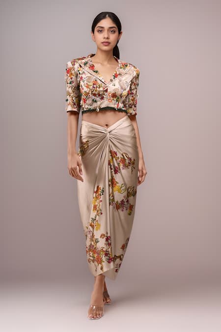 Anamika Khanna Ivory Embroidery V-neck Draped Skirt And Jacket Set 