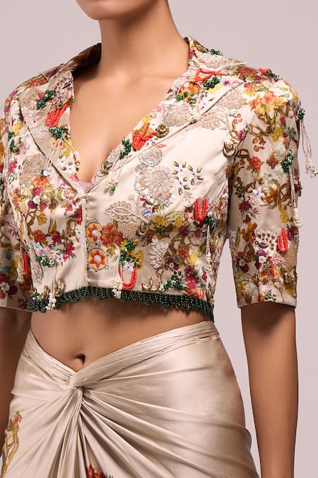 Buy_Anamika Khanna_Ivory Embroidery V-neck Draped Skirt And Jacket Set 