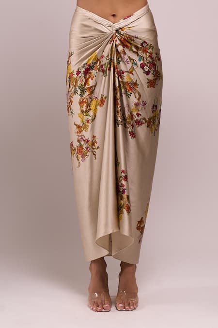 Anamika Khanna_Ivory Embroidery V-neck Floral Draped Skirt And Jacket Set_Online_at_Aza_Fashions