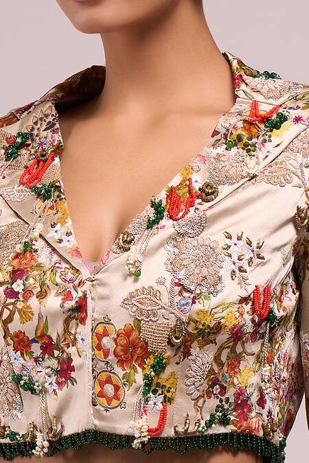 Buy_Anamika Khanna_Ivory Embroidery V-neck Floral Draped Skirt And Jacket Set_Online_at_Aza_Fashions