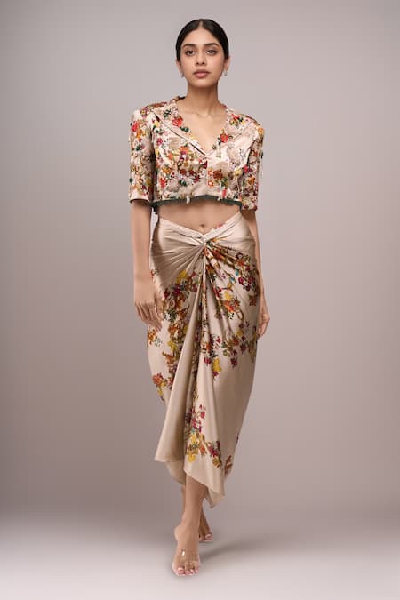 Anamika Khanna Ivory Embroidery V-neck Floral Draped Skirt And Jacket Set 