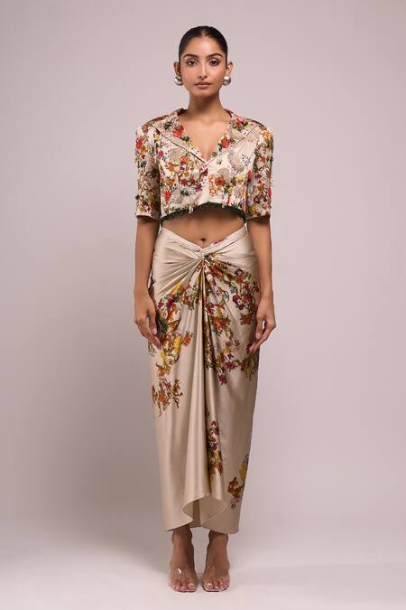 Anamika Khanna_Ivory Embroidery V-neck Floral Draped Skirt And Jacket Set_at_Aza_Fashions