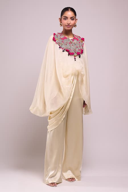 Anamika Khanna_Ivory Round Neck Embroidered Cape And Pant Set _Online_at_Aza_Fashions