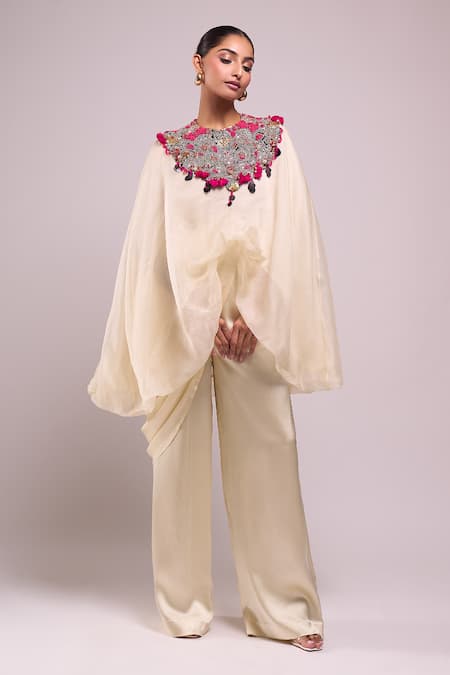 Buy_Anamika Khanna_Ivory Round Neck Embroidered Cape And Pant Set _Online_at_Aza_Fashions