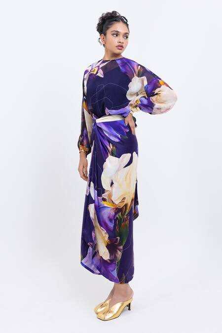 Buy_Pop Sugar_Purple Vegan Silk Floral Print Skirt _Online_at_Aza_Fashions