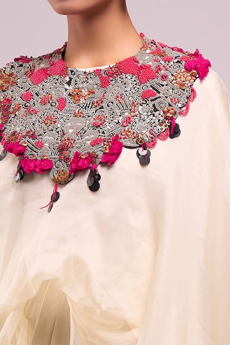 Anamika Khanna_Ivory Round Neck Embroidered Cape And Pant Set _at_Aza_Fashions