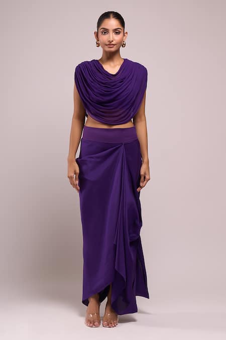 Buy_Anamika Khanna_Purple Embroidery Round , Open Draped Skirt And Top With Jacket _Online_at_Aza_Fashions