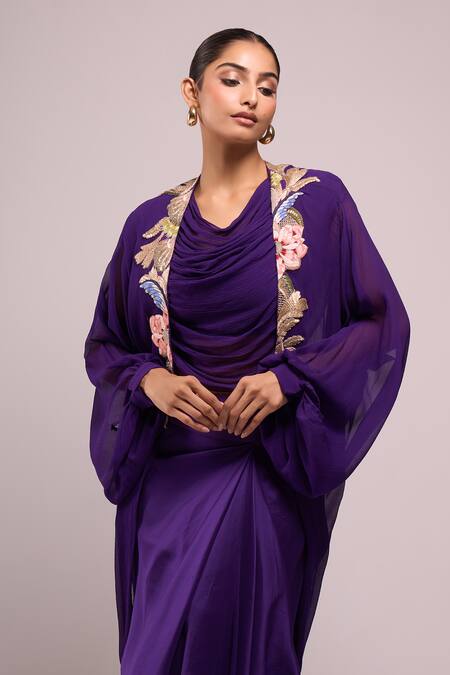 Anamika Khanna_Purple Embroidery Round , Open Draped Skirt And Top With Jacket _at_Aza_Fashions