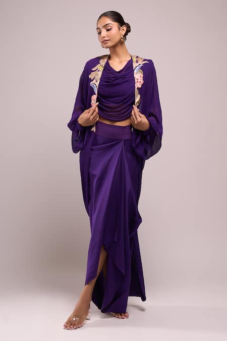 Buy_Anamika Khanna_Purple Embroidery Round , Open Draped Skirt And Top With Jacket 