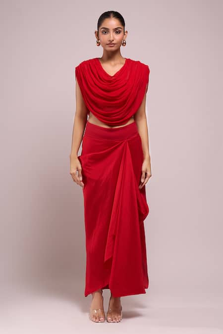 Anamika Khanna Red Embroidery Asymmetric, Open Neck Draped Skirt And Top With Jacket Online at Aza Fashions Anamika Khanna_Red Embroidery Asymmetric, Open Neck Draped Skirt And Top With Jacket_Online_at_Aza_Fashions
