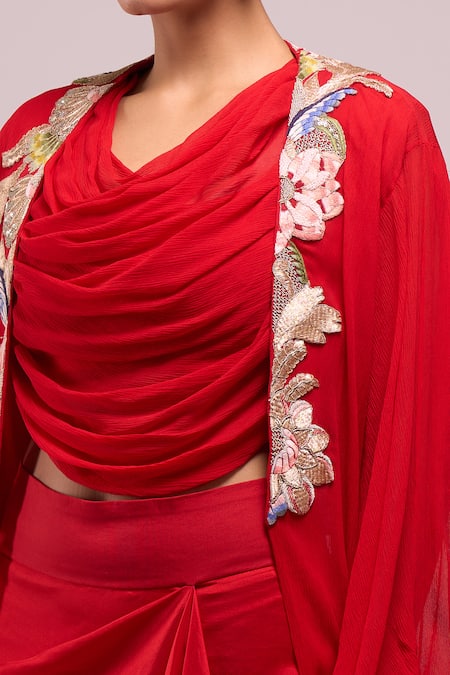 Shop Anamika Khanna Red Embroidery Asymmetric, Open Neck Draped Skirt And Top With Jacket Online at Aza Fashions Shop_Anamika Khanna_Red Embroidery Asymmetric, Open Neck Draped Skirt And Top With Jacket_Online_at_Aza_Fashions