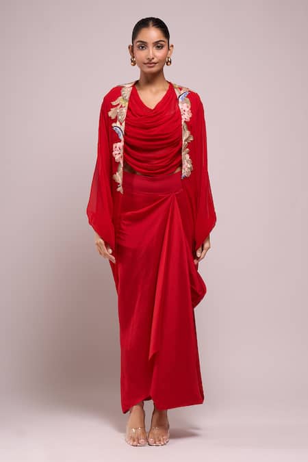 Anamika Khanna Red Embroidery Asymmetric, Open Neck Draped Skirt And Top With Jacket at Aza Fashions Anamika Khanna_Red Embroidery Asymmetric, Open Neck Draped Skirt And Top With Jacket_at_Aza_Fashions