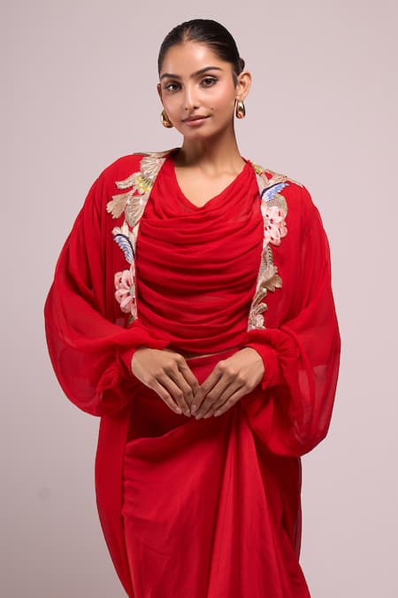 Buy Anamika Khanna Red Embroidery Asymmetric, Open Neck Draped Skirt And Top With Jacket Buy_Anamika Khanna_Red Embroidery Asymmetric, Open Neck Draped Skirt And Top With Jacket