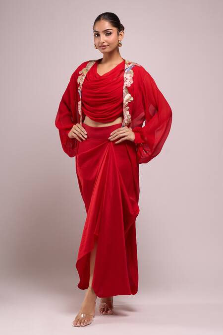 Shop Anamika Khanna Red Embroidery Asymmetric, Open Neck Draped Skirt And Top With Jacket Shop_Anamika Khanna_Red Embroidery Asymmetric, Open Neck Draped Skirt And Top With Jacket