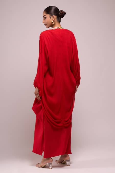 Shop Anamika Khanna Red Embroidery Asymmetric, Open Neck Draped Skirt And Top With Jacket at Aza Fashions Shop_Anamika Khanna_Red Embroidery Asymmetric, Open Neck Draped Skirt And Top With Jacket_at_Aza_Fashions