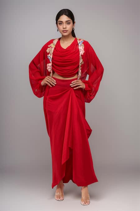 Anamika Khanna Red Embroidery Asymmetric, Open Neck Draped Skirt And Top With Jacket 
