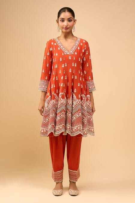 Sheetal Batra Orange Cotton Embroidery V-neck Burnt Anarkali Salwar Set Online at Aza Fashions Sheetal Batra_Orange Cotton Embroidery V-neck Burnt Anarkali Salwar Set _Online_at_Aza_Fashions