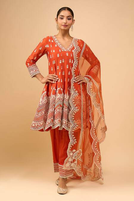 Buy Sheetal Batra Orange Cotton Embroidery V-neck Burnt Anarkali Salwar Set Online at Aza Fashions Buy_Sheetal Batra_Orange Cotton Embroidery V-neck Burnt Anarkali Salwar Set _Online_at_Aza_Fashions