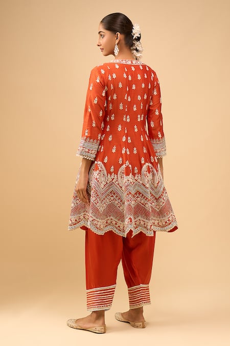 Shop Sheetal Batra Orange Cotton Embroidery V-neck Burnt Anarkali Salwar Set at Aza Fashions Shop_Sheetal Batra_Orange Cotton Embroidery V-neck Burnt Anarkali Salwar Set _at_Aza_Fashions
