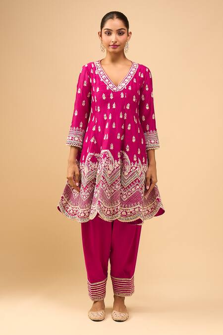 Sheetal Batra_Pink Sequins, Embroidery V-neck Short Anarkali Salwar Set _Online_at_Aza_Fashions