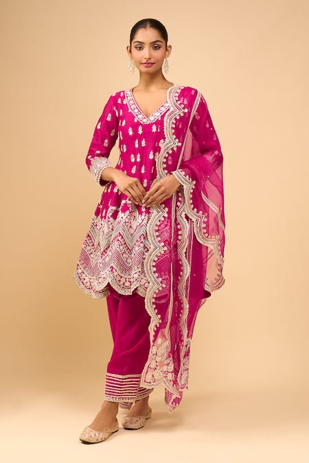 Buy_Sheetal Batra_Pink Sequins, Embroidery V-neck Short Anarkali Salwar Set _Online_at_Aza_Fashions