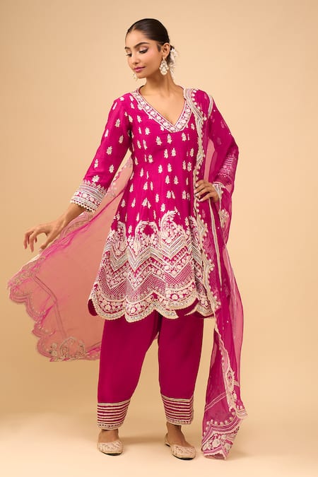 Shop_Sheetal Batra_Pink Sequins, Embroidery V-neck Short Anarkali Salwar Set _Online_at_Aza_Fashions