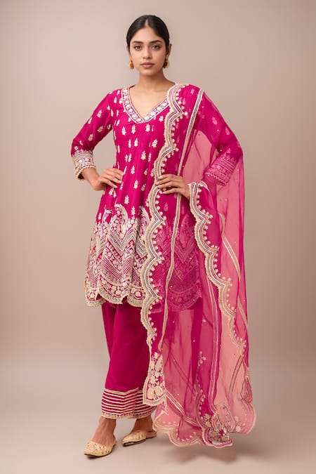 Sheetal Batra Pink Sequins, Embroidery V-neck Short Anarkali Salwar Set 