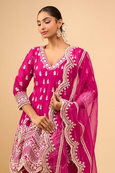 Shop_Sheetal Batra_Pink Sequins, Embroidery V-neck Short Anarkali Salwar Set 