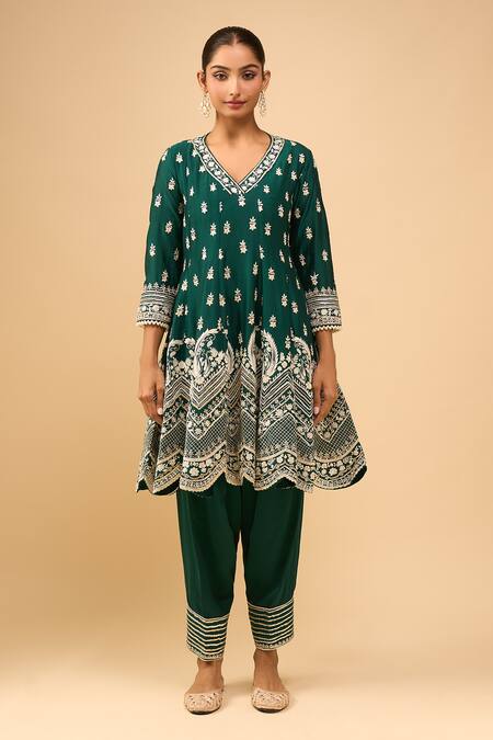 Sheetal Batra_Emerald Green Embroidery, Sequins V-neck Anarkali Salwar Set _Online_at_Aza_Fashions