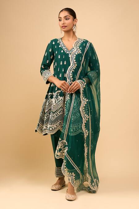 Buy_Sheetal Batra_Emerald Green Embroidery, Sequins V-neck Anarkali Salwar Set _Online_at_Aza_Fashions
