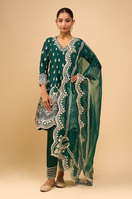 Sheetal Batra_Emerald Green Embroidery, Sequins V-neck Anarkali Salwar Set _at_Aza_Fashions