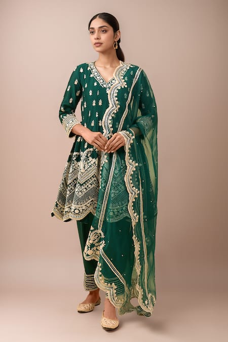 Sheetal Batra Emerald Green Embroidery, Sequins V-neck Anarkali Salwar Set 