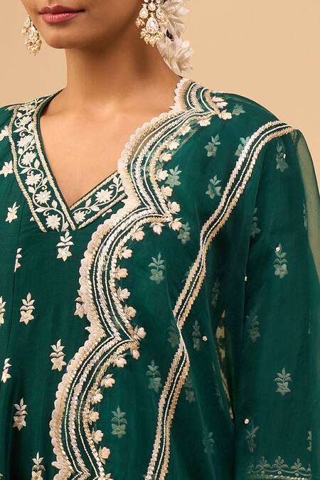 Shop_Sheetal Batra_Emerald Green Embroidery, Sequins V-neck Anarkali Salwar Set 