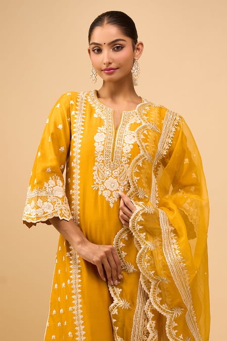 Buy_Sheetal Batra_Yellow Embroidery Round Neck Mustard Kurta With Palazzo Set _Online_at_Aza_Fashions
