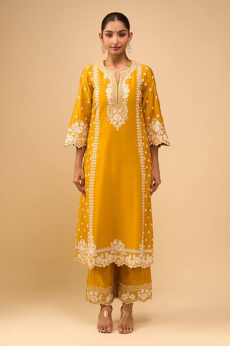 Shop_Sheetal Batra_Yellow Embroidery Round Neck Mustard Kurta With Palazzo Set _Online_at_Aza_Fashions
