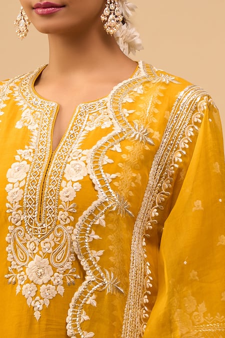 Buy_Sheetal Batra_Yellow Embroidery Round Neck Mustard Kurta With Palazzo Set 