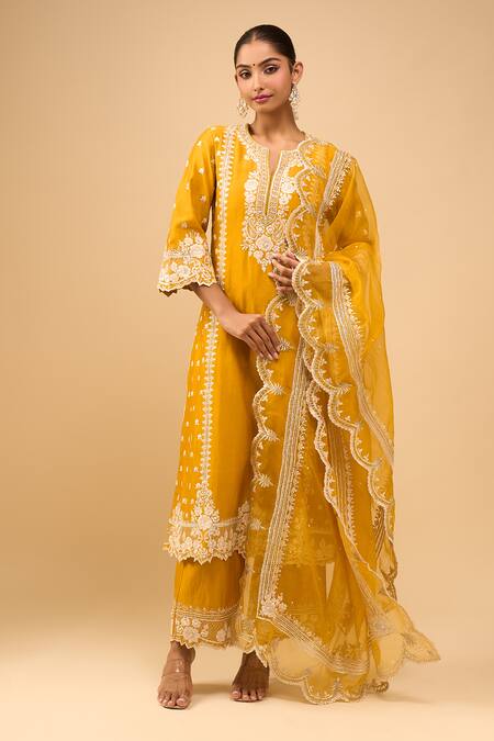 Shop_Sheetal Batra_Yellow Embroidery Round Neck Mustard Kurta With Palazzo Set 
