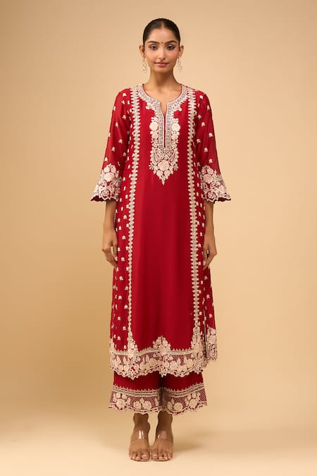 Buy_Sheetal Batra_Red Embroidery Round Neck Kurta With Palazzo Set _Online_at_Aza_Fashions