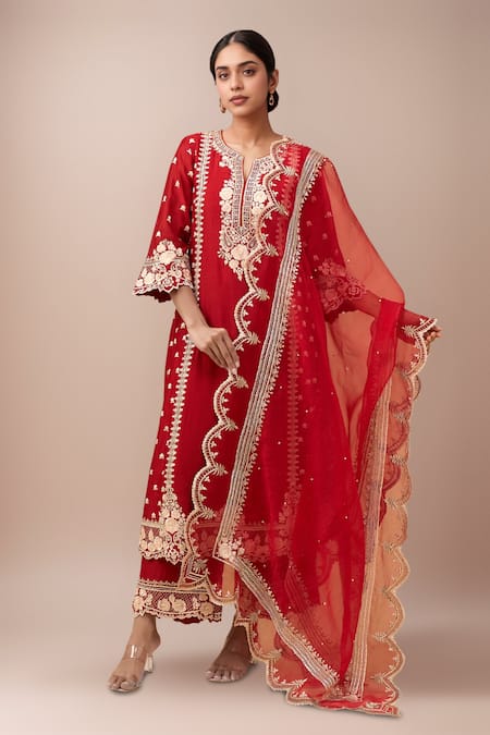Sheetal Batra Red Embroidery Round Neck Kurta With Palazzo Set 