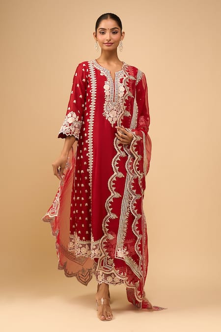 Shop_Sheetal Batra_Red Embroidery Round Neck Kurta With Palazzo Set _Online_at_Aza_Fashions