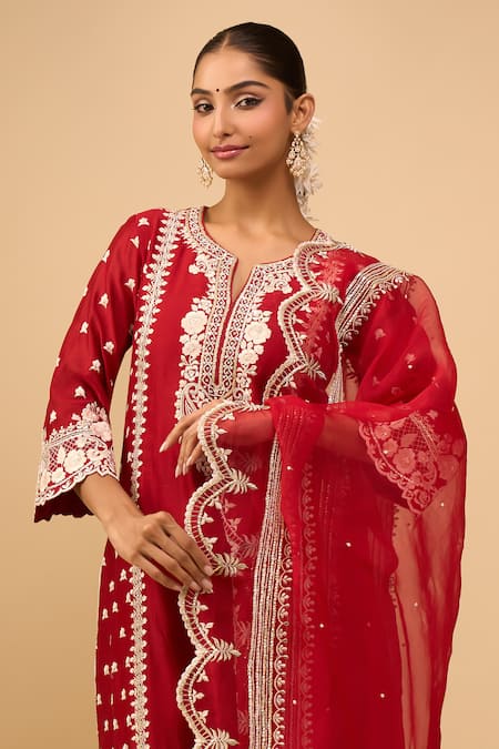 Buy_Sheetal Batra_Red Embroidery Round Neck Kurta With Palazzo Set 