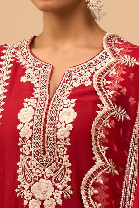 Shop_Sheetal Batra_Red Embroidery Round Neck Kurta With Palazzo Set 