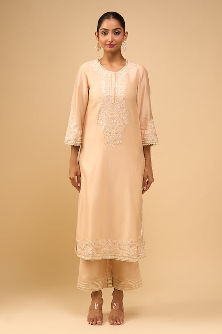 Shop_Sheetal Batra_Beige Embroidery Round Neck Kurta With Palazzo Set _Online_at_Aza_Fashions