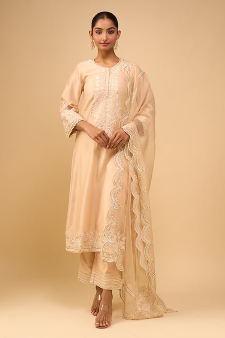Sheetal Batra_Beige Embroidery Round Neck Kurta With Palazzo Set _at_Aza_Fashions