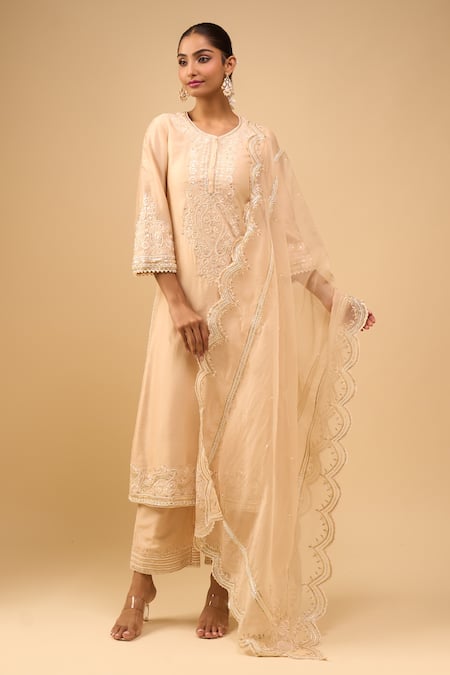 Buy_Sheetal Batra_Beige Embroidery Round Neck Kurta With Palazzo Set 