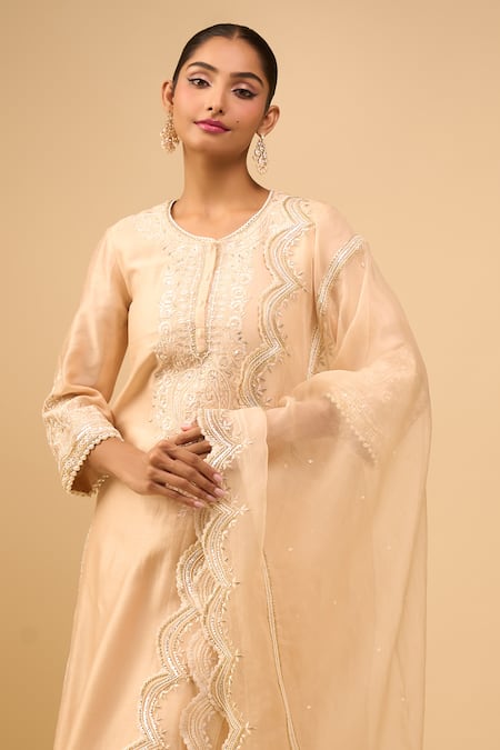 Shop_Sheetal Batra_Beige Embroidery Round Neck Kurta With Palazzo Set 
