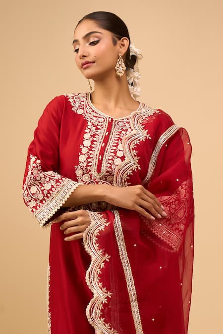 Buy_Sheetal Batra_Red Embroidery Round Neck Choga With Salwar _Online_at_Aza_Fashions