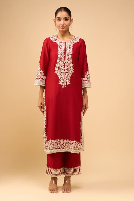 Shop_Sheetal Batra_Red Embroidery Round Neck Choga With Salwar _Online_at_Aza_Fashions